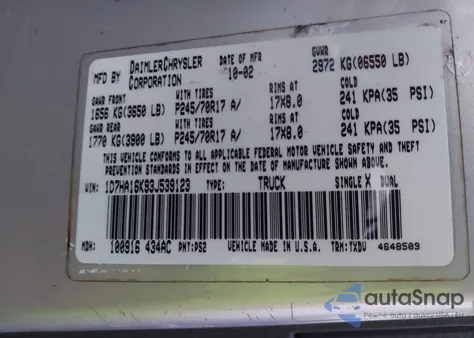 2003 Dodge Ram 1500 St z USA, uszkodzony, nr VIN 1D7HA16K93J539123